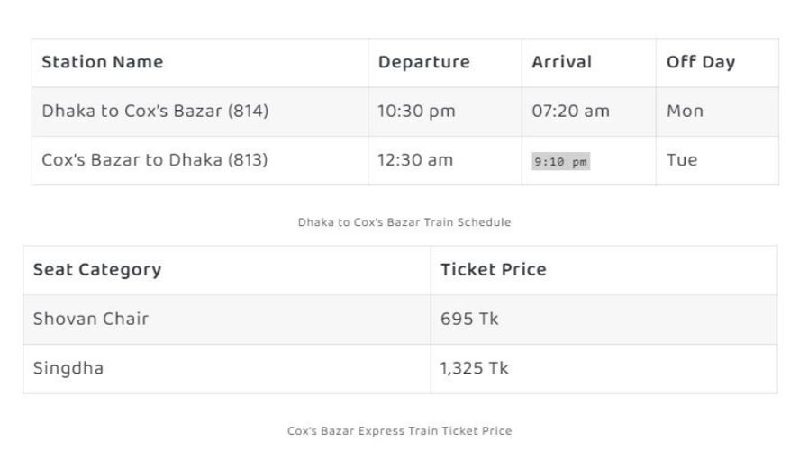 dhaka to cox's bazar train ticket price